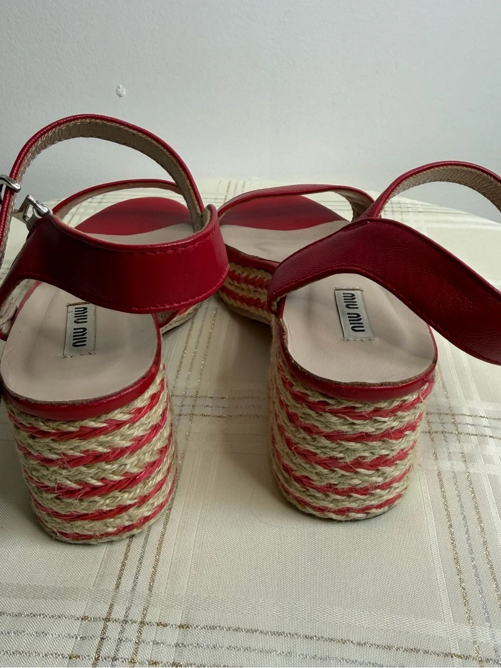 Miu Miu Red Leather Espadrille Platform Sandals